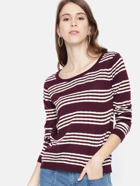 

Ms.Taken Women Burgundy & White Striped Sweater