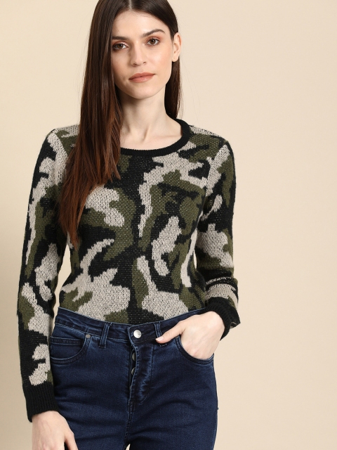 

Ms.Taken Women Olive Green & Beige Camouflage Printed Sweater