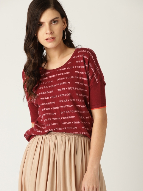 

United Colors of Benetton Women Maroon & Peach-Coloured Printed Pullover