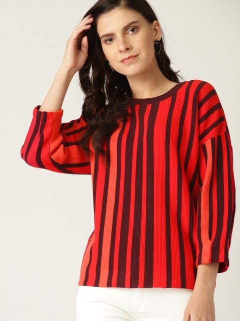 

United Colors of Benetton Women Red & Burgundy Striped Sweater