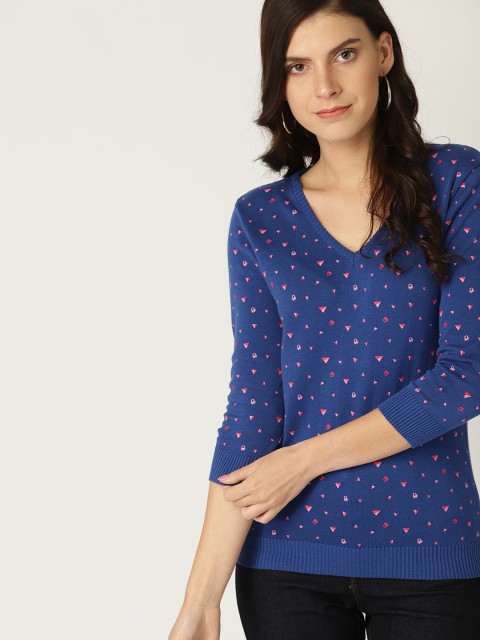 

United Colors of Benetton Women Blue & Pink Printed Sweater