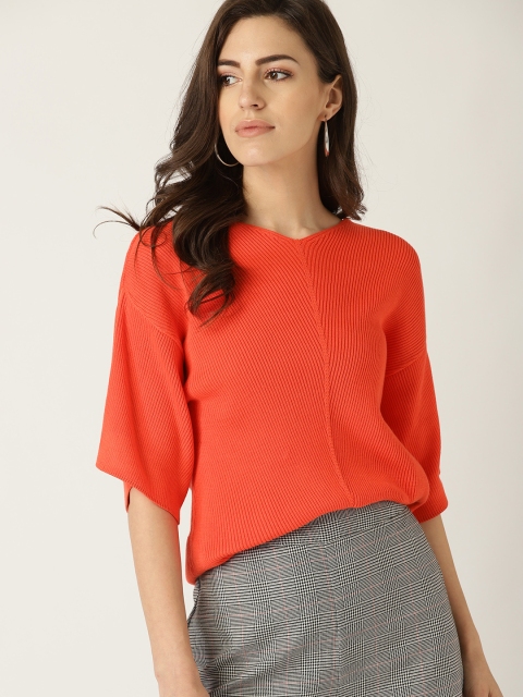 

United Colors of Benetton Women Coral Orange Ribbed Pullover