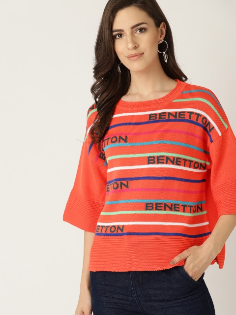

United Colors of Benetton Women Coral Orange & Blue Striped Pullover