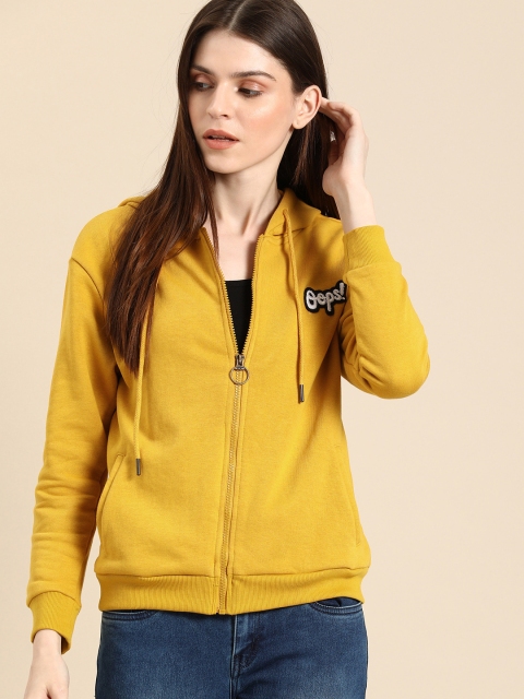 

Ms.Taken Women Yellow Solid Hooded Open-Front Sweatshirt