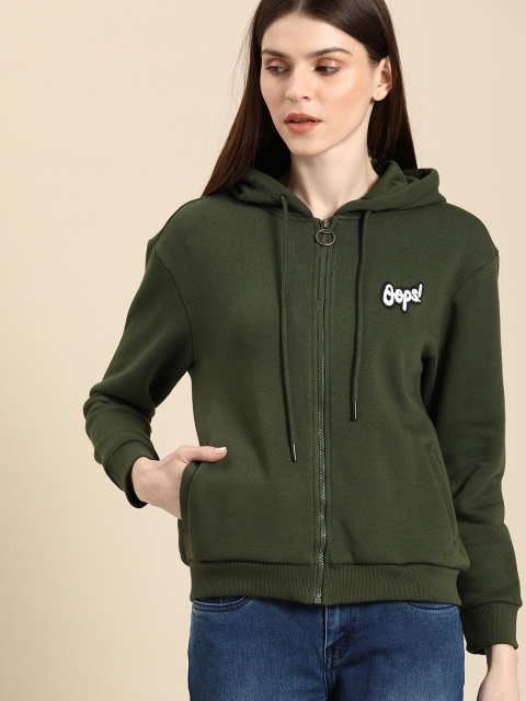 

Ms.Taken Women Green Solid Hooded Front-Open Sweatshirt