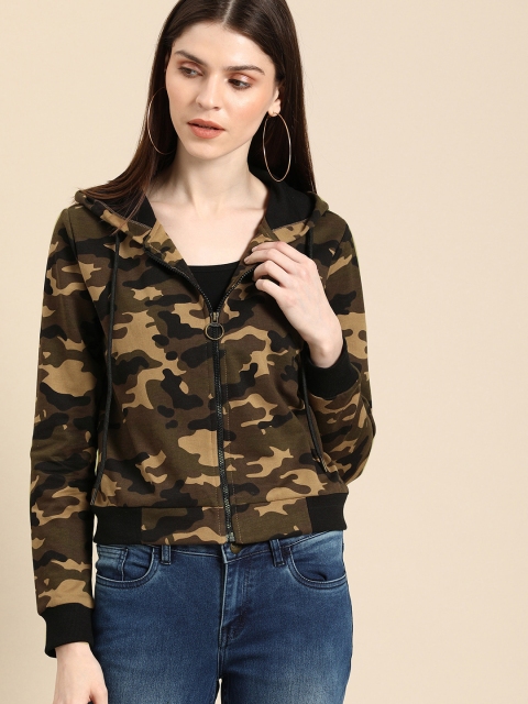 

Ms.Taken Women Olive Green & Black Printed Hooded Front-Open Sweatshirt
