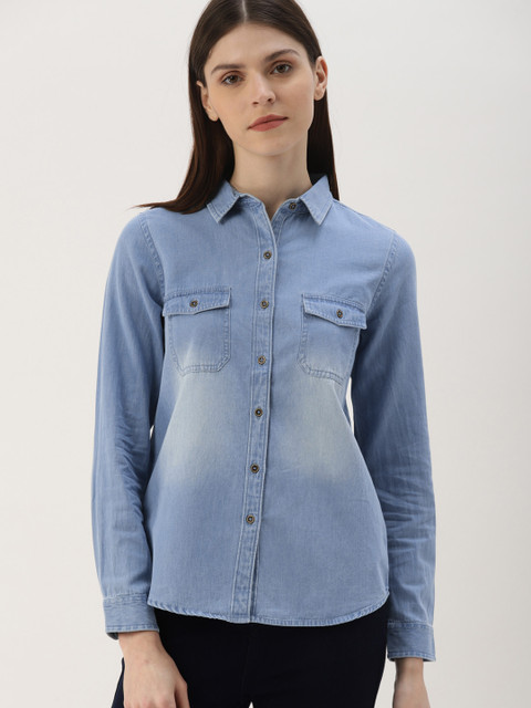 

Ms.Taken Women Blue Regular Fit Faded Chambray Casual Shirt