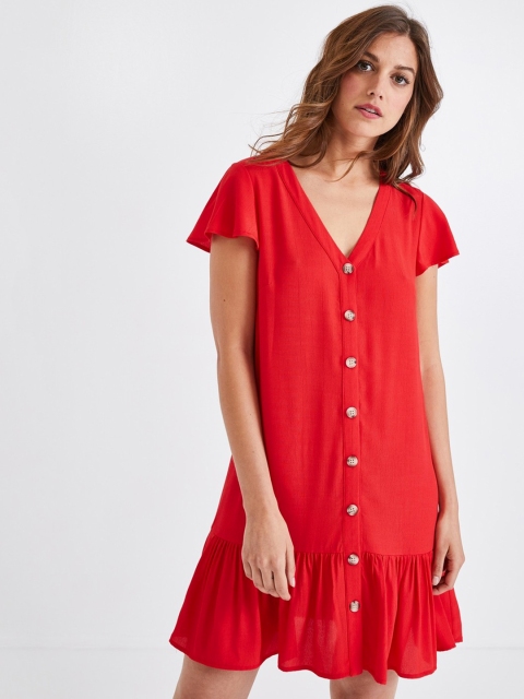 

promod Women Solid Red Drop-Waist Dress