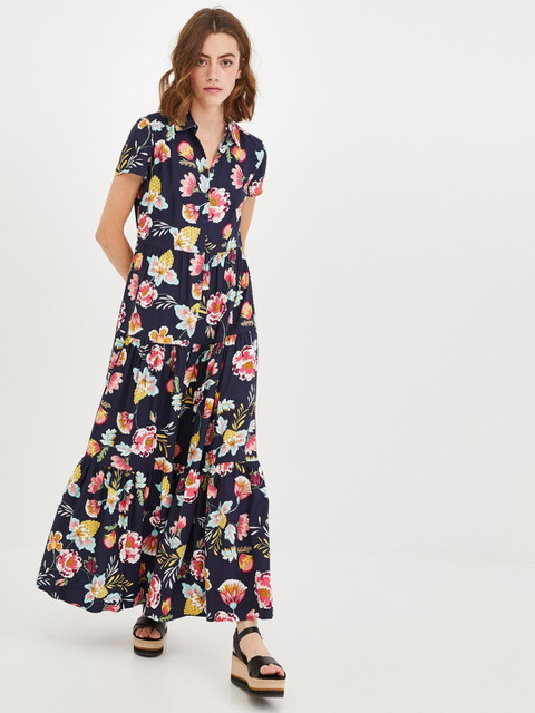 

promod Women Navy Blue & Pink Floral Print Tiered Maxi Dress