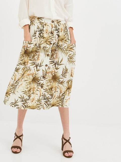 

promod Women Off-White & Green Floral Printed A-Line Skirt