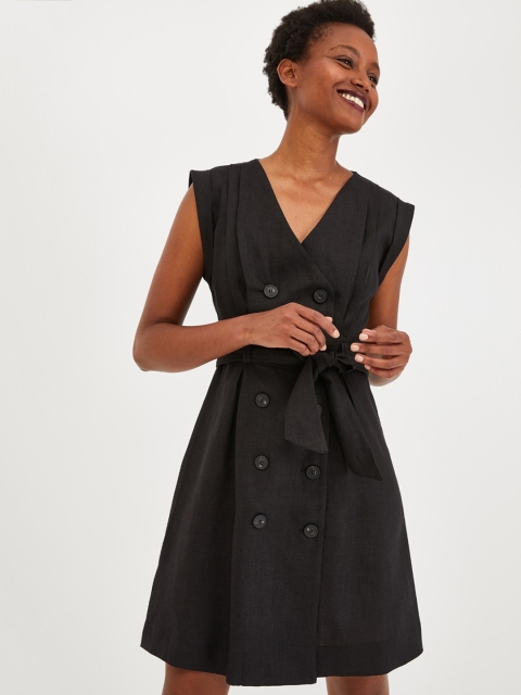 

promod Women Solid Black Linen Wrap Dress