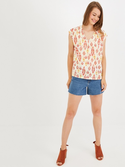 

promod Women White & Coral Orange Printed Knitted Regular Top