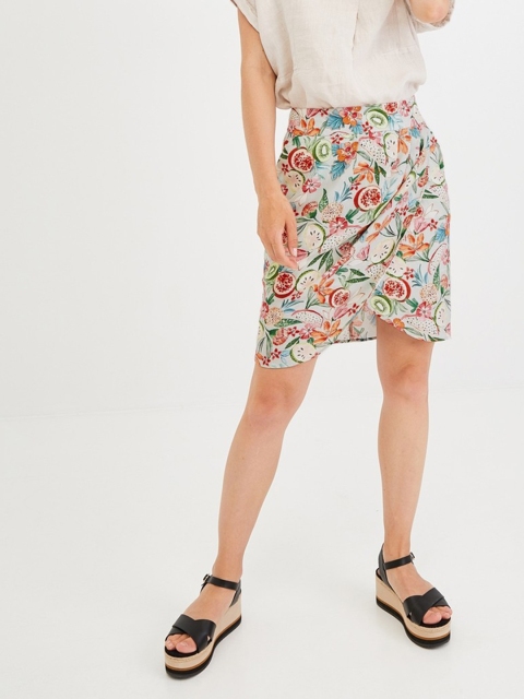 

promod Women Beige & Green Printed Mini Tulip Skirt