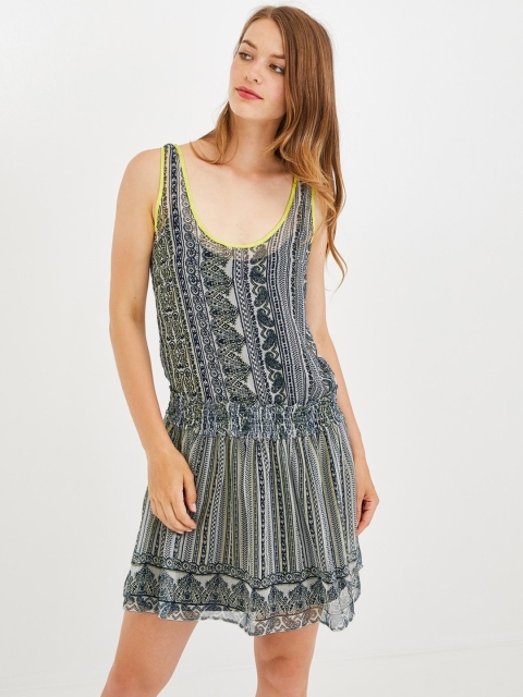 

promod Women White & Navy Blue Printed White Blouson Dress
