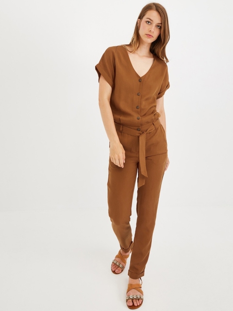 

promod Women Tan Brown Solid Basic Jumpsuit