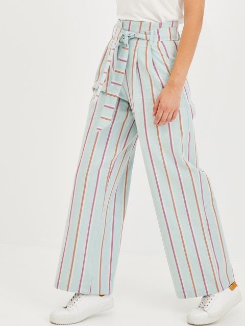 

promod Women Light Blue & Pink Straight Fit Striped Parallel Trousers