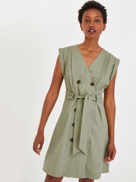 

promod Women Solid Olive Green Wrap Dress
