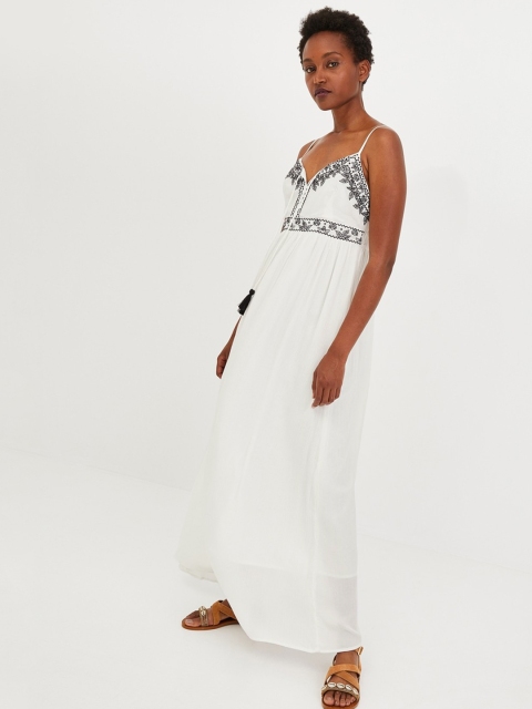 

promod Women White Solid Embroidered Maxi Dress