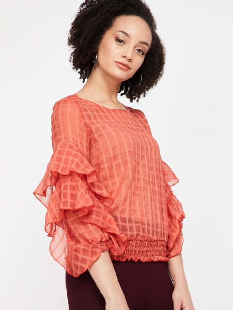 

Ginger by Lifestyle Women Coral Pink Checked Blouson Top