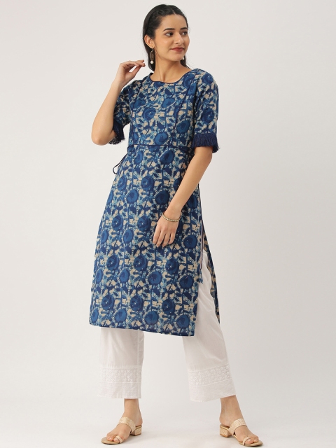 

IMARA Women Navy Blue & Beige Printed A-Line Kurta