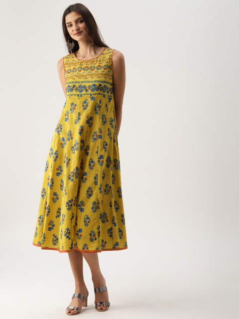 

IMARA Women Mustard Yellow Printed A-Line Dress