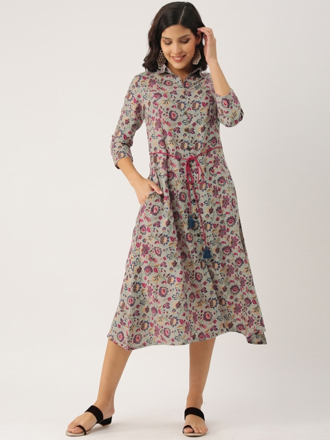 

IMARA Women Grey & Maroon Floral Print A-Line Dress