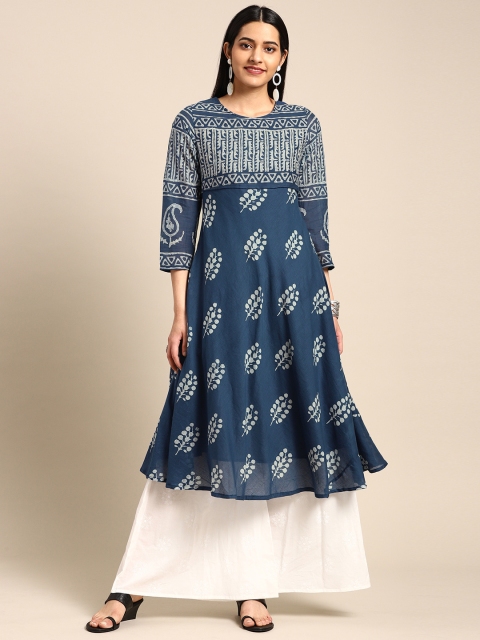 

IMARA Women Blue & White Printed A-Line Kurta