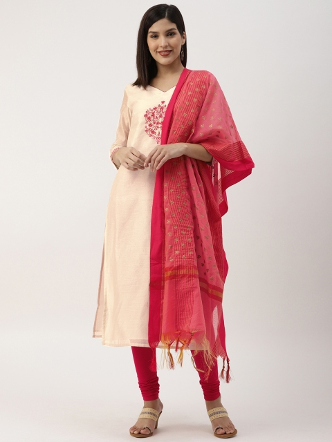 

IMARA Women Off-White & Pink Yoke Design Straight Kurta with Churidar & Dupatta