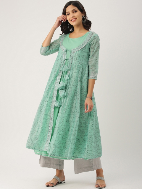 

IMARA Women Turquoise Blue & Grey Printed A-Line Layered Kurta