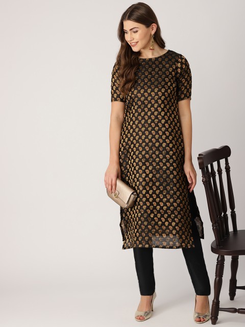 

IMARA Women Black & Golden Woven Design Kurta with Trousers