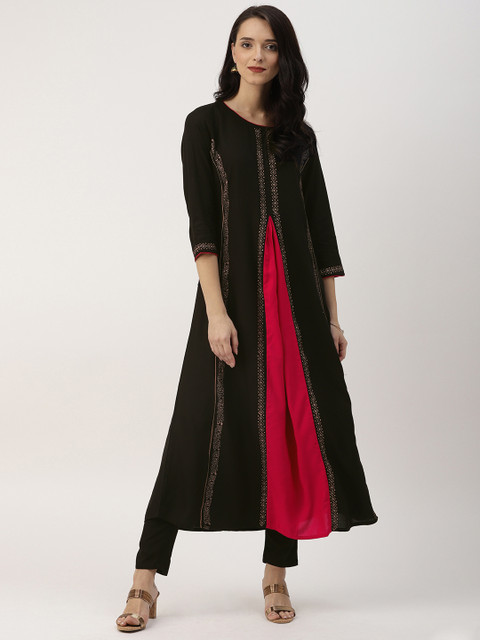 

IMARA Women Black & Red Printed A-Line Panelled Kurta with Trousers