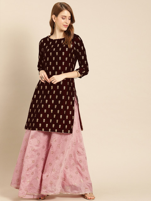 

IMARA Women Magenta & Pink Embroidered Velvet Kurta with Printed Skirt