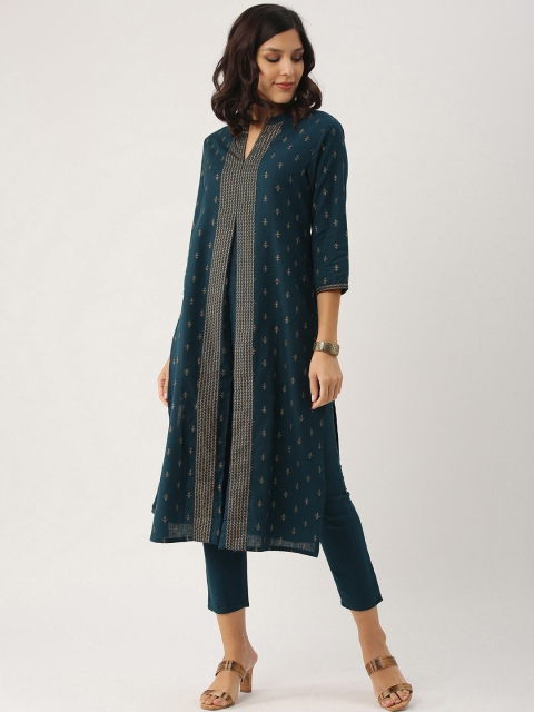 

IMARA Women Teal & Gold-Toned Printed Kurta with Trousers