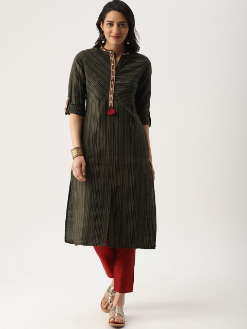 

IMARA Women Black & Green Woven Design Kurta with Trousers