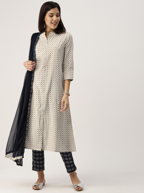 

IMARA Women Off-White & Navy Blue Printed A-Line Kurta with Trousers & Dupatta