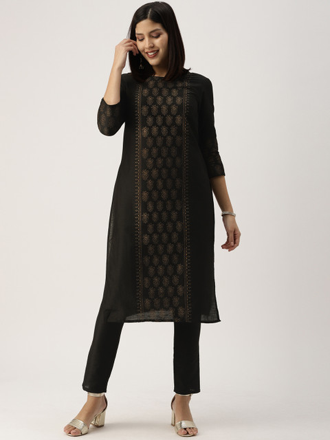 

IMARA Women Black & Gold-Toned Printed Straight Kurta with Trousers