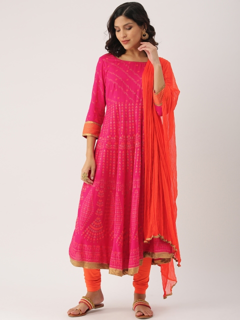 

IMARA Women Pink & Orange Printed A-Line Kurta with Churidar & Dupatta