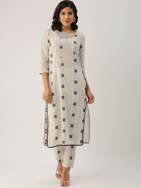 

IMARA Women White & Black Embroidered Kurta with Trousers