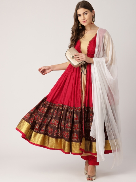 

IMARA Women Beige & Red Tiered Solid Layered Anarkali Kurta with Dupatta