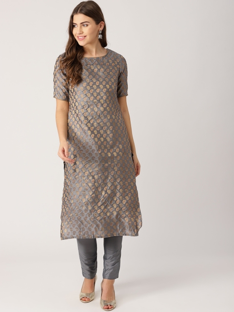 

IMARA Women Charcoal Grey & Golden Self Design Kurta with Trousers