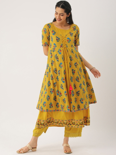 

IMARA Women Mustard Yellow & Blue Printed A-Line Kurta