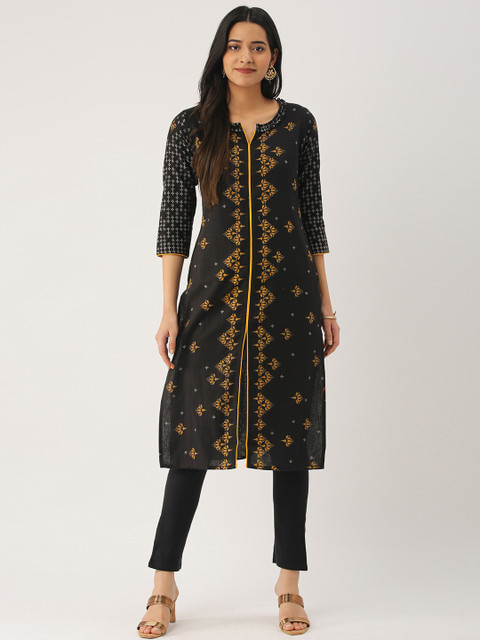 

IMARA Women Black & Mustard Yellow Printed Straight Kurta with Trousers
