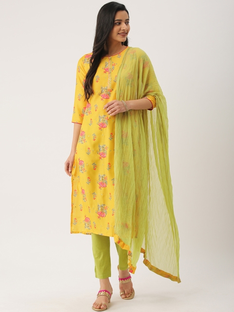 

IMARA Women Yellow & Light Green Printed Straight Kurta with Trousers & Dupatta