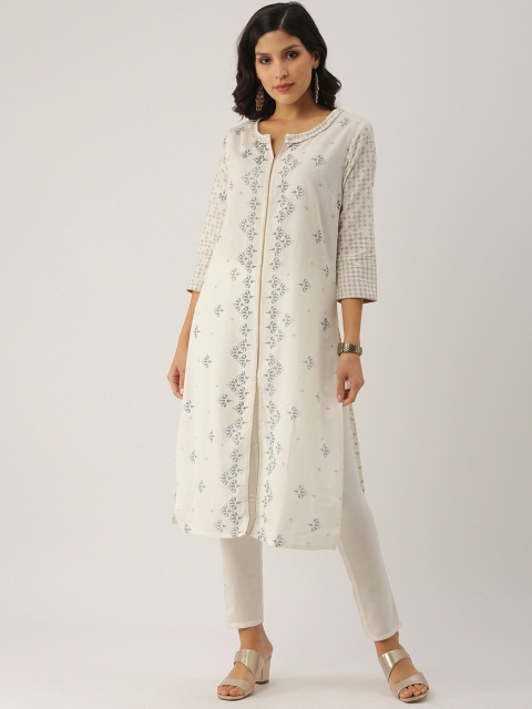 

IMARA Women Cream-Coloured & Black Printed Straight Kurta with Trousers