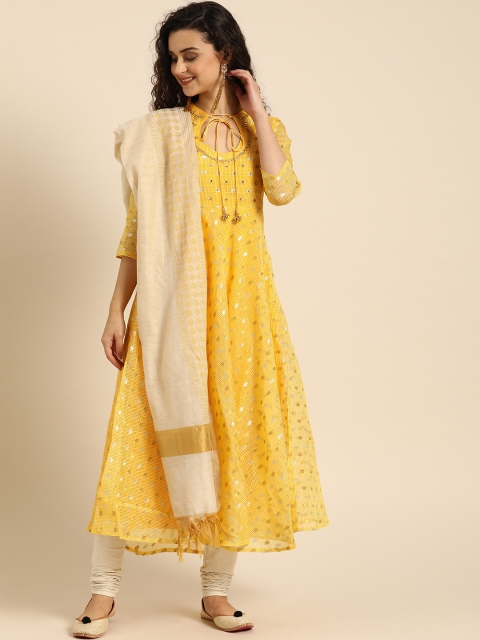 

IMARA Women Yellow & Off-White Self Design Kurta with Churidar & Dupatta