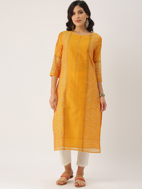 

IMARA Women Mustard Yellow & Cream-Coloured Printed straight Kurta with Trousers