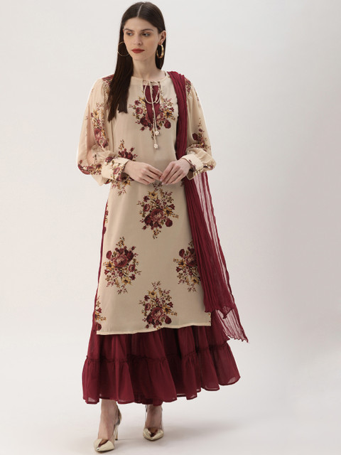 

IMARA Women Beige & Maroon Printed Kurta with Sharara & Dupatta