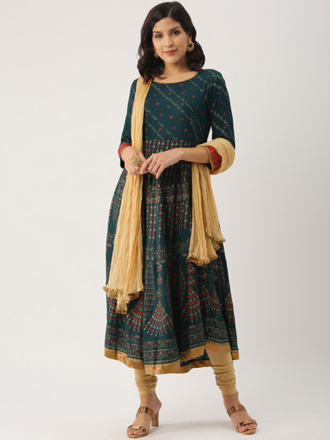 

IMARA Women Teal & Red Printed Kurta with Churidar & Dupatta