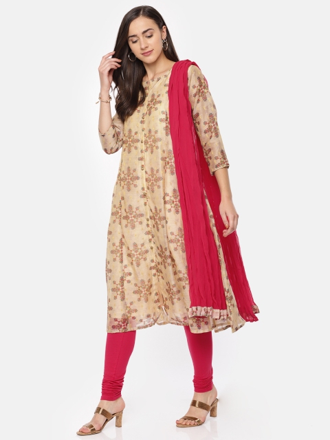 

IMARA Women Beige & Pink Printed Kurta with Churidar & Dupatta