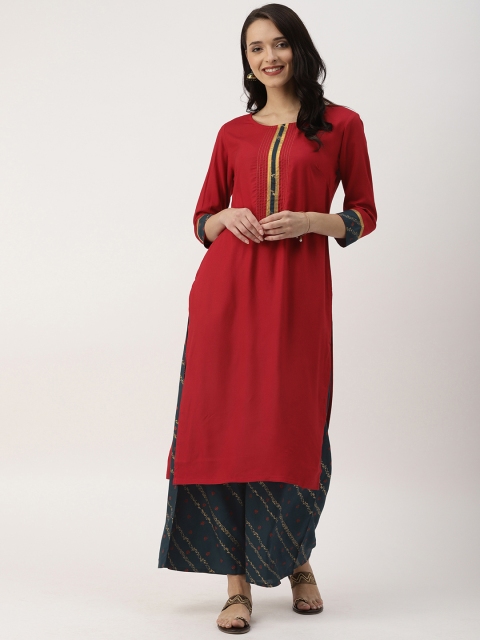 

IMARA Women Maroon & Teal Blue Solid Straight Kurta with Palazzos
